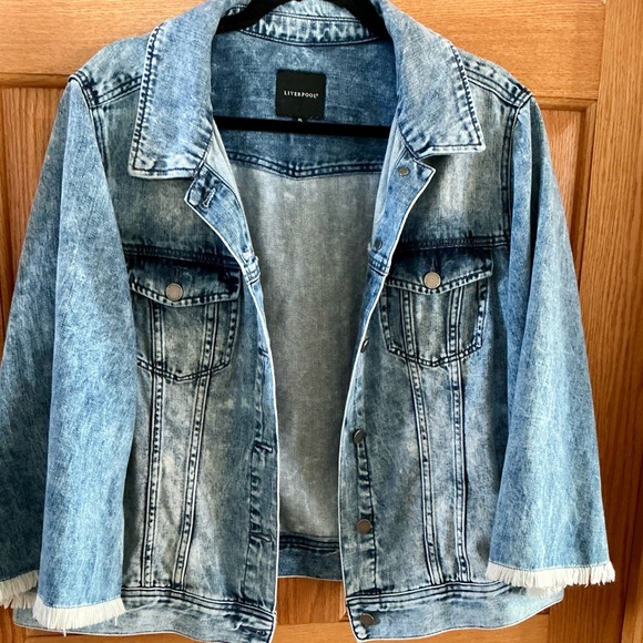 Liverpool Fringed Denim Jean Jacket Acid Wash With Frayed Sleeves Size XL - Picture 3 of 8